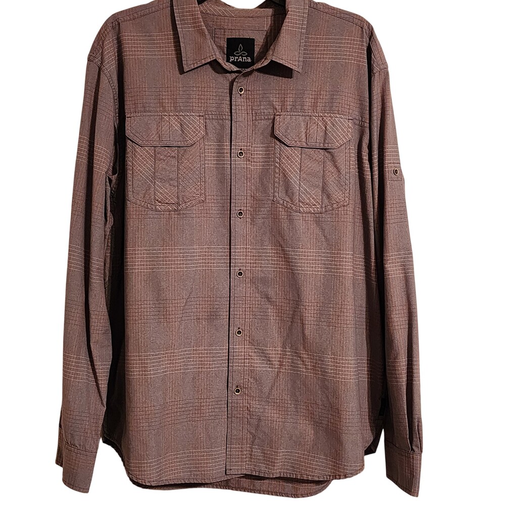 PrAna Men's XL Button Down Shirt Hiking Stretch Pocket Long Sleeve Gray/Red/Whi